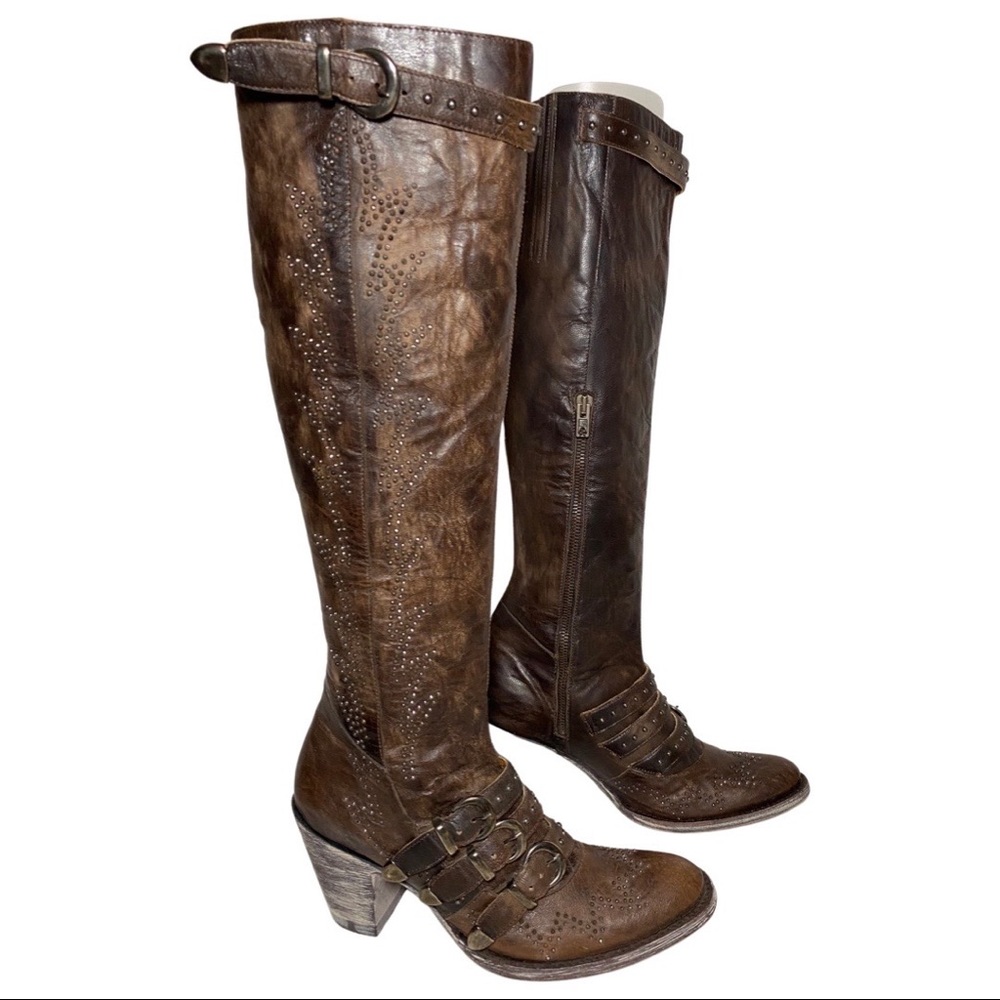 OLD GRINGO ROXY HIGH 18" CHOCOLATE LEATHER BUCKLE STUDDED BOOT Size 7 NEW - Picture 3 of 10